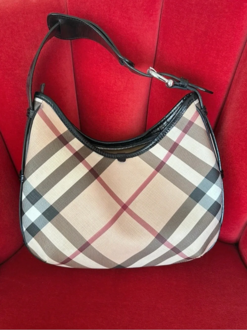 Burberry Beige Plaid Hobo with Black Trim